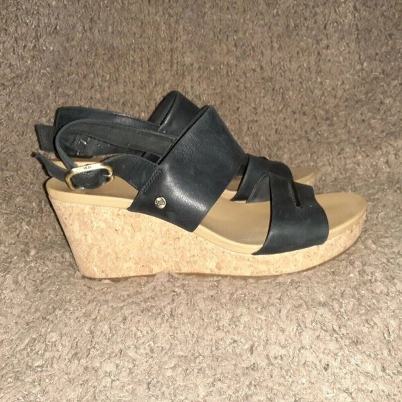 UGG-Elena II-Black Leather Platform Wedge Sandal Cork-Size 9-Excellent - Picture 4 of 8
